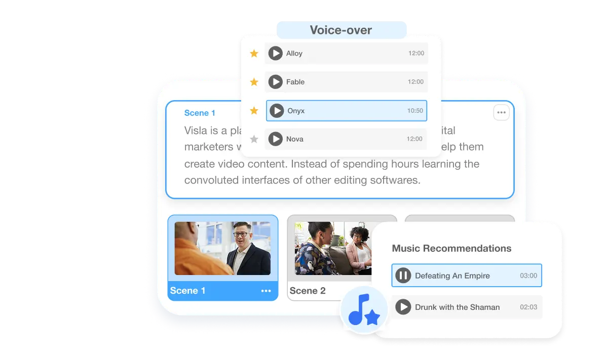 Visla's voiceover video maker helps users create videos by matching voice recordings with visuals and music or generating AI-powered voiceovers.